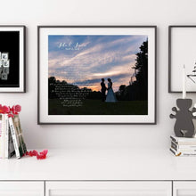 Load image into Gallery viewer, Custom Lyric feamed wall art print for wedding anniversary gift First Dance Song Lyrics personalized with your wedding photograph