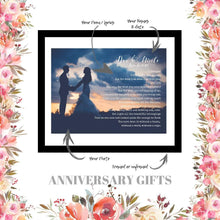 Load image into Gallery viewer, Custom Lyric feamed wall art print for wedding anniversary gift First Dance Song Lyrics personalized with your wedding photograph