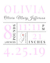 Load image into Gallery viewer, Baby Girl Personalized New born framed wall art Nursery decor Baby Birth Stats Wall Art Nursery Sign Newborn Stats Birth Announcement