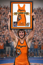 Load image into Gallery viewer, 100 Career Win Wrestling Singlet Frame Banner Senior Award Night Gift Idea