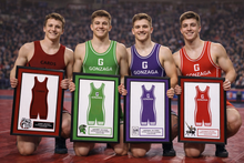 Load image into Gallery viewer, Wrestling singlet frame with career milestone details