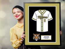 Load image into Gallery viewer, a woman holding up a framed baseball jersey