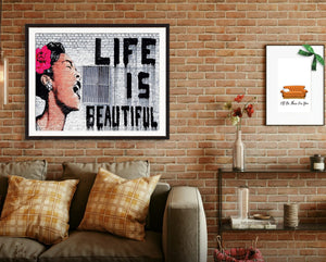 Banksy life is beautiful Framed wall art print for home decor bedroom,