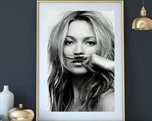 Load image into Gallery viewer, Kate Moss Fashion poster black and white art print Mustache Kate Moss fashion poster Gift for her fashion poster kate moss