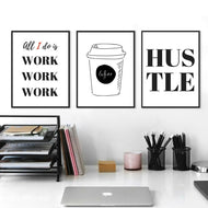 Inspirational Wall art  COFFEE Poster  HUSTLE Poster  WORK wall art print Set of 3 Motivational Quote Modern Art Never give up
