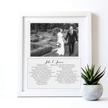 Load image into Gallery viewer, Custom Lyric feamed wall art print for wedding anniversary gift First Dance Song Lyrics personalized with your wedding photograph