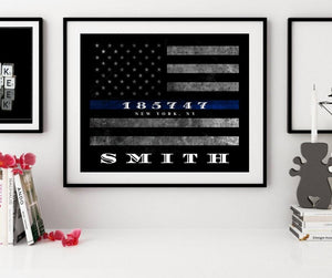 Custom Personalized Thin Blue Line American Flag framed wall art for police officer gift  Police officer gifts Police retirement gift