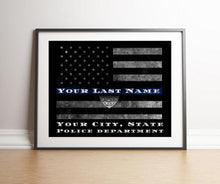 Load image into Gallery viewer, Custom Personalized Thin Blue Line American Flag framed wall art for police officer gift  Police officer gifts Police retirement gift