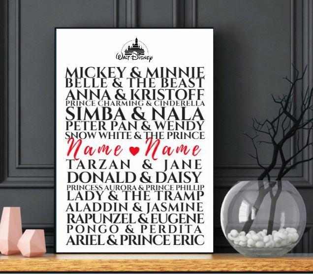 Custom disney art print Disney Anniversary gift gift for her CUSTOM Disney Couples Sign Custom Wedding Gift Romantic Disney Disney fa